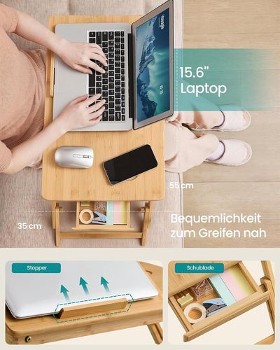 SONGMICS Laptoptisch für Bett, Laptopständer, Frühstückstablett, klappbare Beine, Bambus, höhenverstellbar, mit Schublade, 55 x 35 cm, für Laptops bis 15,6 Zoll, naturbeige Bild 4