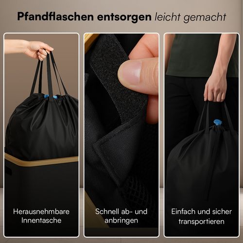 CHECK24 Dealz: Bellamio 'Tolt' Pfandflaschen Sammelbehälter aus Stoff mit Bambus 150 L, zwei Fächer, herausnehmbare Innentasche mit Griffen, mit Deckel, waschbar & tropfsicher, schwarz