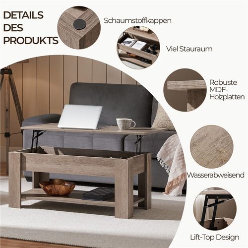 CHECK24 Dealz: Yaheetech Couchtisch mit höhenverstellbarer Platte und verstecktem Stauraum, 98x50cm, Grau