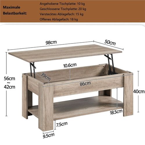 Yaheetech Couchtisch mit höhenverstellbarer Platte und verstecktem Stauraum, 98x50cm, Grau Bild 5