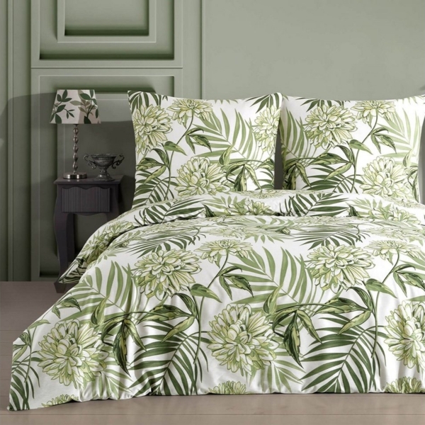 Buymax Bettwäsche Amazing Green, Renforcé: 100% Baumwolle, 4 teilig, 135x200 cm, Bettbezug-Set, mit Reißverschluss, Blumen Eukalyptus Grün
