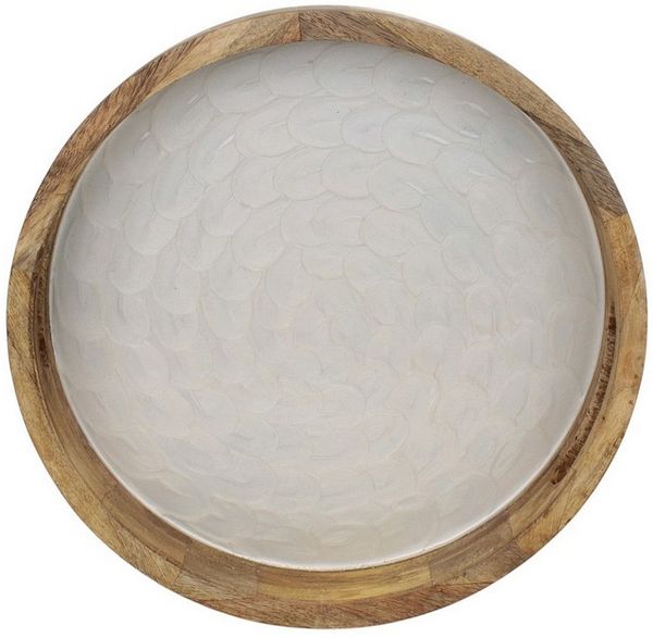 Macosa Home Dekotablett Holztablett Mangoholz Perlmutt Braun Creme 35 cm rund mit Griffen (Wohnaccessoire modern, Servierplatte Obsttablett), Tablett Tischdekoration Kerzenteller