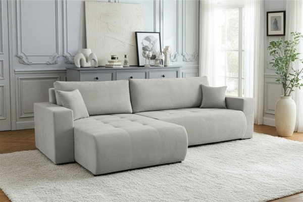 Ecksofa Schlafsofa Sofa ARMARI in Stoff Wind Grau Ottomane Rechts