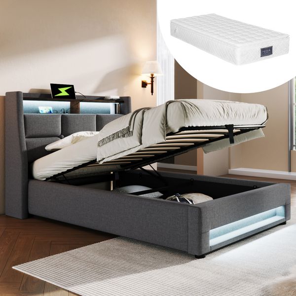 Polsterbett 90x200 cm, Leinen, mit LED & USB-Anschluss, Stauraum, Grau/Beige, mit Matratze