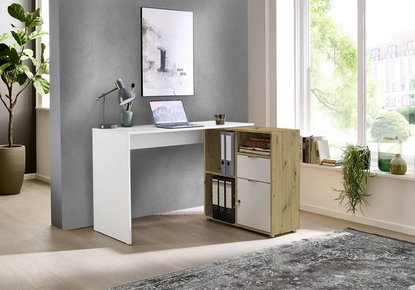BMG Möbel Eckschreibtisch LENI (Schreibtischplatte mit Regal), Breite 110 cm, spiegelverkehrt montierbar, abschließbare Tür