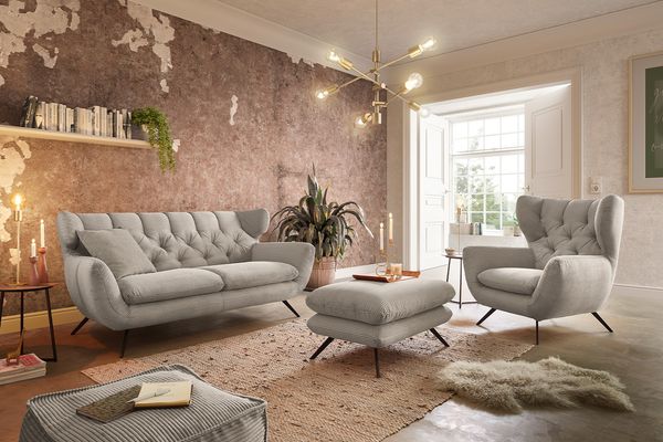 KAWOLA Sitzgruppe CHARME 2,5-Sitzer Sessel Hockerbank Cord steingrau 94 x 95 x 200 cm