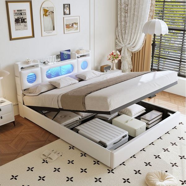 FUROKOY Stauraumbett Polsterbett Doppelbett mit LED-Beleuchtung (Aufklappbares Kopfteil mit Stauraum und Ladeanschluss), Hydraulikbett Funktionsbett, PU, Weiß, 160x200cm