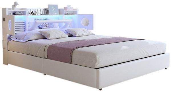 FUROKOY Stauraumbett Polsterbett Doppelbett mit LED-Beleuchtung (Aufklappbares Kopfteil mit Stauraum und Ladeanschluss), Hydraulikbett Funktionsbett, PU, Weiß, 160x200cm