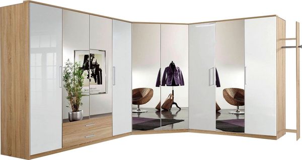 Eckschrank Greven Kleiderschrank 95x95cm Eiche Sägerau weiß Hochglanz