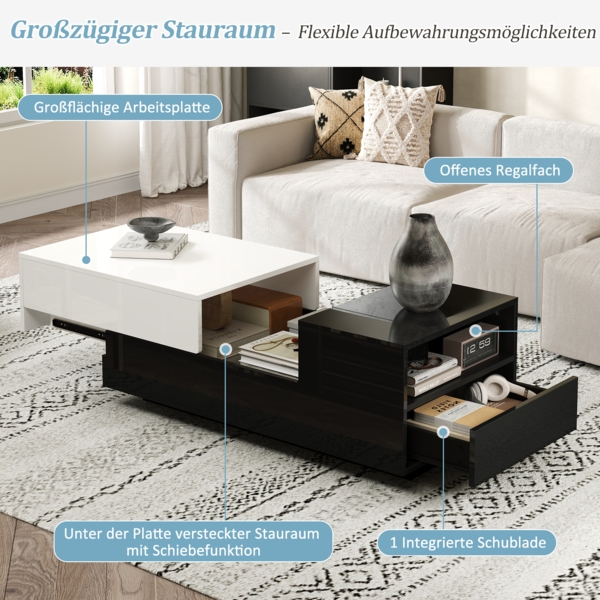 Merax Couchtisch 100*50*38cm Hochglanz-kaffeetisch, Wohnzimmertisch mit 1 Schublade, Beistelltisch mit Schiebeplatte, Geometrischer Tisch, mit schwarz-weißem Nähdesign Bild 8