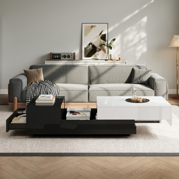 Merax Couchtisch 100*50*38cm Hochglanz-kaffeetisch, Wohnzimmertisch mit 1 Schublade, Beistelltisch mit Schiebeplatte, Geometrischer Tisch, mit schwarz-weißem Nähdesign Bild 3