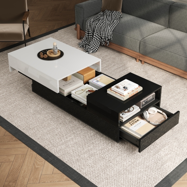 Merax Couchtisch 100*50*38cm Hochglanz-kaffeetisch, Wohnzimmertisch mit 1 Schublade, Beistelltisch mit Schiebeplatte, Geometrischer Tisch, mit schwarz-weißem Nähdesign Bild 2