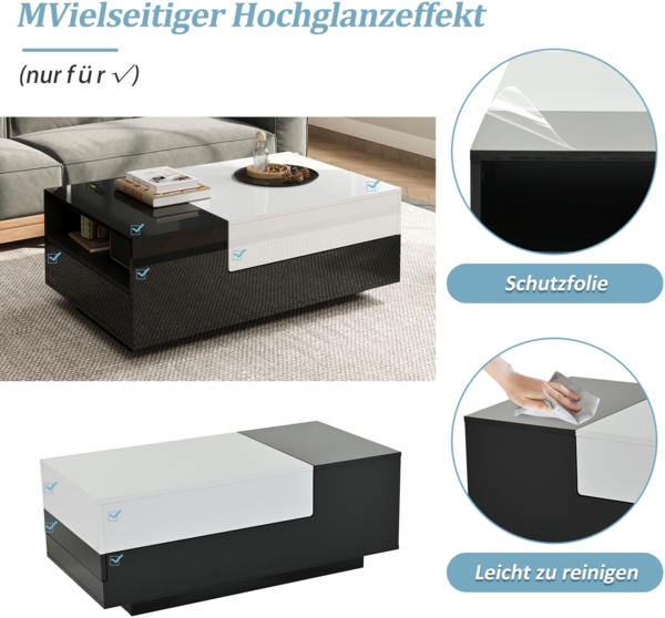 Merax Couchtisch 100*50*38cm Hochglanz-kaffeetisch, Wohnzimmertisch mit 1 Schublade, Beistelltisch mit Schiebeplatte, Geometrischer Tisch, mit schwarz-weißem Nähdesign Bild 6