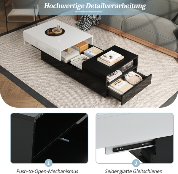 Merax Couchtisch 100*50*38cm Hochglanz-kaffeetisch, Wohnzimmertisch mit 1 Schublade, Beistelltisch mit Schiebeplatte, Geometrischer Tisch, mit schwarz-weißem Nähdesign Bild 7