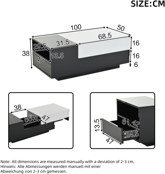 Merax Couchtisch 100*50*38cm Hochglanz-kaffeetisch, Wohnzimmertisch mit 1 Schublade, Beistelltisch mit Schiebeplatte, Geometrischer Tisch, mit schwarz-weißem Nähdesign Bild 4