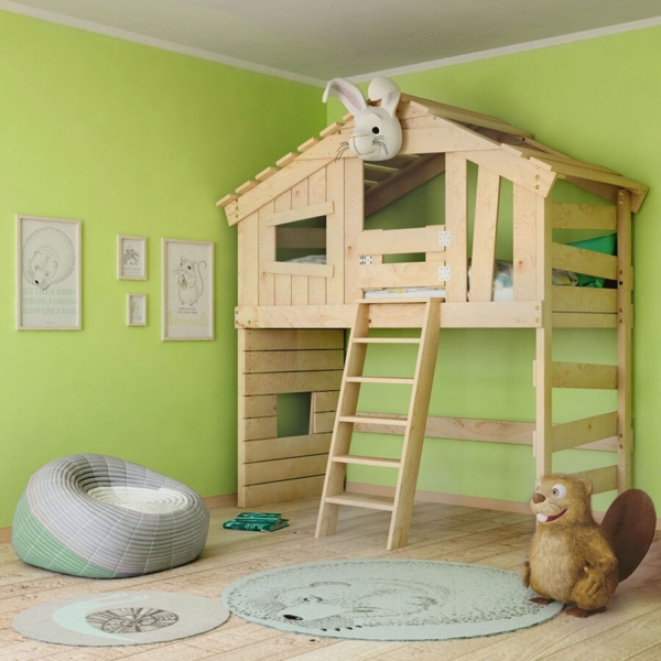BIBEX ‘Alpin Chalet‘ Hochbett mit Türchen, massive Kiefer, naturbelassen, 90 x 200 cm