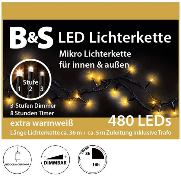 B&S LED-Lichterkette LED Lichterkette für Innen und Außen warm white mit Timer und Dimmer