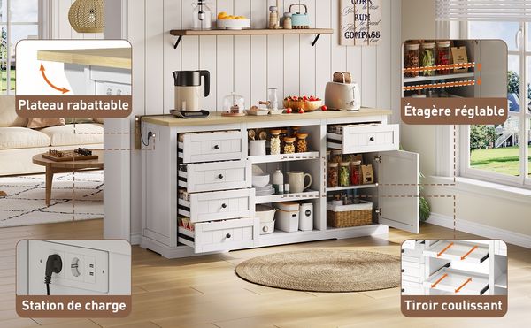 Sideboard 150x65x75 cm mit 5 Schubladen, 2 Ausziehböden und klappbarer Erweiterungsplatte, Weiß und Natur, integrierte Steckdosen
