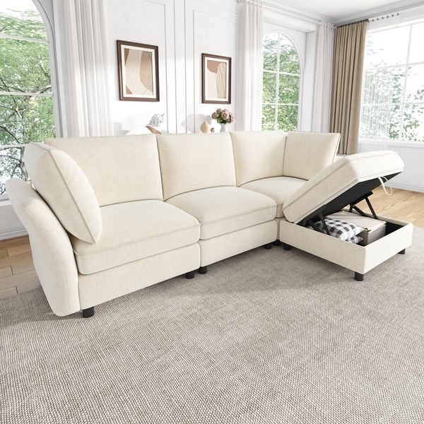 Merax 3‑Sitzer Modulares Sofa, frei kombinierbares L‑Ecksofa, mit Stauraum‑Hocker, Cloud‑Sofa Sitzgefühl, weich gepolstert, Chenille Stoff, 2 Armlehnenkissen, Beige