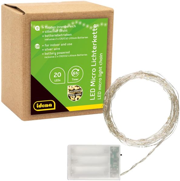 Idena 31118 - LED Micro Lichterkette mit 20 LEDs in Warmweiß, 6 Stunden Timer Funktion, batteriebetrieben, ca. 2,2 m lang, Deko für Innen, zum Basteln, als Party Deko, Weihnachtsdeko, zur Hochzeit