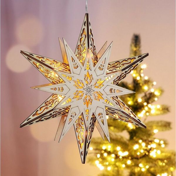Meinposten LED-Lichtervorhang Weihnachtsstern Holzstern Ø 30cm Stern Holz Fensterdeko LED