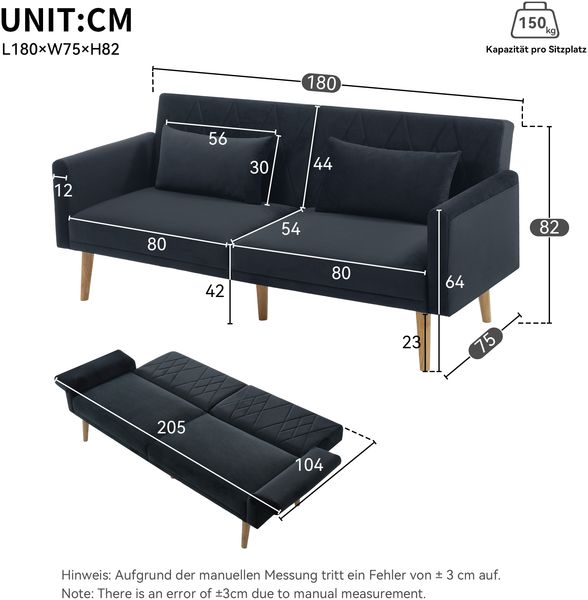 Schlafsofa 2-Sitzer mit verstellbarer Rückenlehne & Armlehnen, Samtstoff, klappbar, modern, mit 2 Kissen,Schwarz Bild 8
