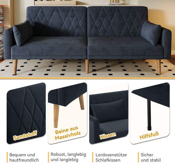 Schlafsofa 2-Sitzer mit verstellbarer Rückenlehne & Armlehnen, Samtstoff, klappbar, modern, mit 2 Kissen,Schwarz Bild 5