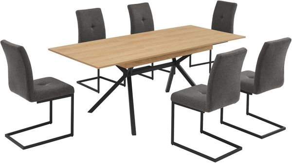 OTTO home Essgruppe Vendy, Esstisch ausziehbar plus 6 Freischwinger, (Set, 7-tlg, Esstisch ausziehbar 160 - 210 cm plus 6 Esszimmerstühle), pflegeleichte Strukturstoff-Stühle, 3D-Steppung, ausziehbarer Tisch