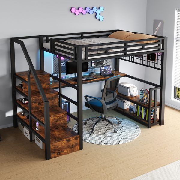Hochbett mit RGB LED-Streifen, Schreibtisch, Treppe, Regal, Wandgitter, USB, Type-C, 140x200cm, Kinderbett, Metallbett