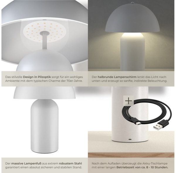 tectake Schreibtischlampe Akku-Tischlampe, Kleine Retro-Tischleuchte im angesagten Pilzdesign der 70er-Jahre Bild 3