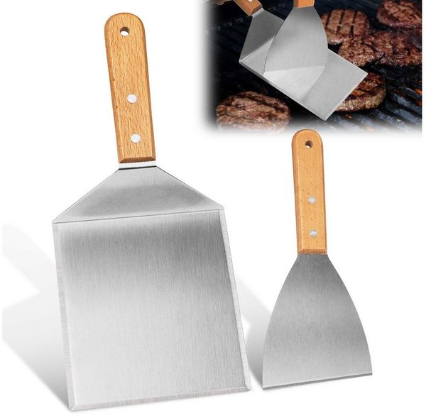 FOUORTUNATE-BEE Grillbesteck-Set 2er Grillspachtel Set Edelstahl Burger Spatel mit Holzgriff, Für Grillen BBQ Burger Steak Pfanne Camping Küche Zubehör Set