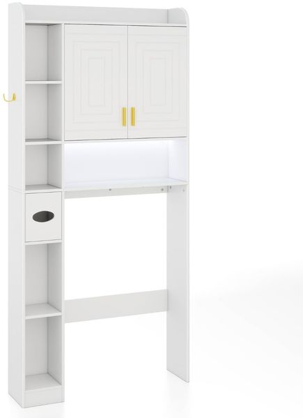 Toilettenschrank mit 2-Türschrank & 6 Offenen Fächern & Taschentuchbox Überbauschrank Weiß