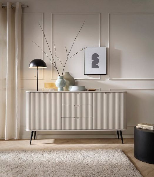 Compleo Schubkastenkommode mit drei Schubladen, zweitürig CARLO Lamellen, Elegante Kommode
