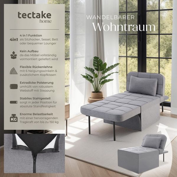tectake Relaxsessel gepolsterter Schlafhocker mit extra Kopfkissen, Belastbarkeit 150 kg (Schlafsessel Ponto, in Grau), 4 in 1, 6-fach verstellbare Rückenlehne, stabiles Stahlgestell