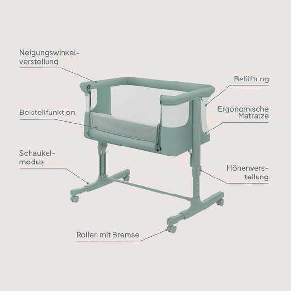Lionelo Aurora 3 in 1 Babybett bis 9 kg, Beistellbett, Wiege, Höhenverstellug und Einstellung der Neigung der Matratze, 4 Räder mit Bremse Ergonomische Matratze Tasche