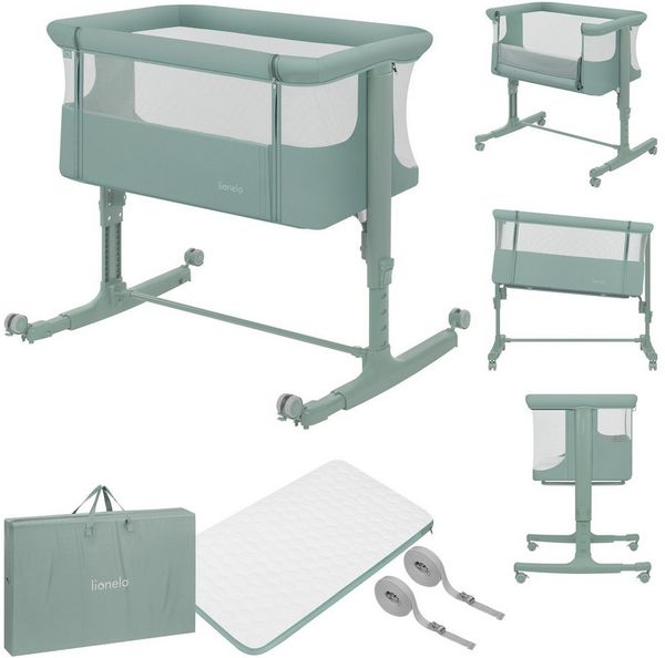 Lionelo Aurora 3 in 1 Babybett bis 9 kg, Beistellbett, Wiege, Höhenverstellug und Einstellung der Neigung der Matratze, 4 Räder mit Bremse Ergonomische Matratze Tasche