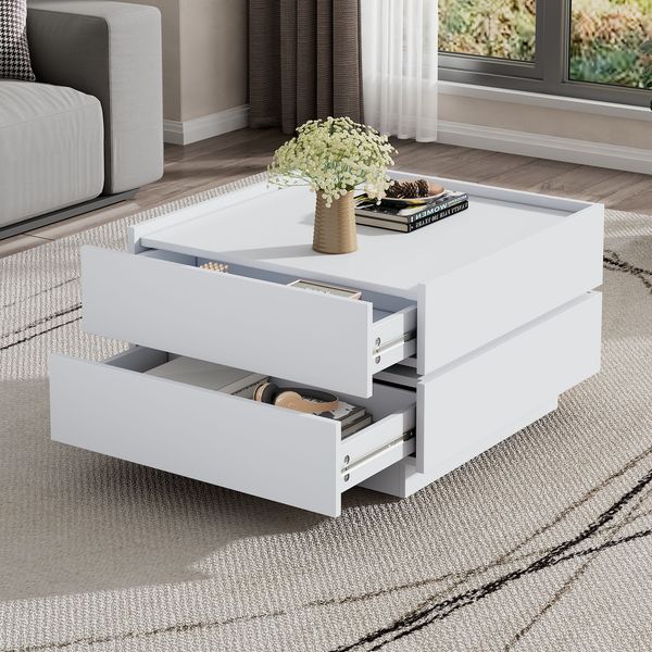 Couchtisch 60 x 60 x 38 cm, 360° drehbar, mit 2 Schubladen, weiß, aus Spanplatte