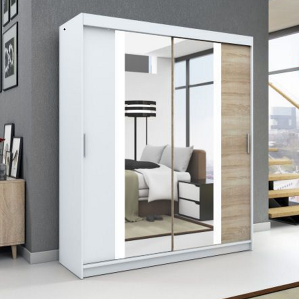 Schwebetrenschrank BRUNI 2-trig Schrank 160 cm (mit Spiegel) Farbe: Wei , sonoma