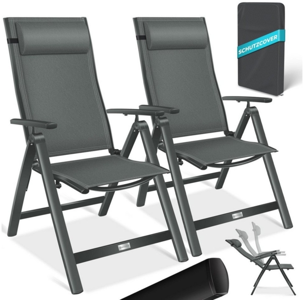 KESSER® Gartenstuhl Hochlehner mit Armlehnen | Aluminium Klappstuhl inkl. Kopfkissen Campingstuhl 7-Fach Verstellbar Rückenlehne | Atmungsaktiv & Wetterfest | Klappbar & Anti-Rutsch Anthrazit, 2 Stück