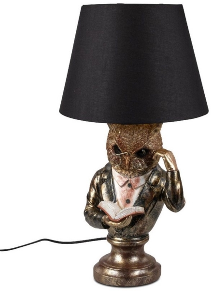 Kremers Schatzkiste Antikfarbene Eulenlampe mit schwarzem Stoffschirm 56cm Vintage Deko Tischlampe aus Kunststein – Perfekt für Wohnzimmer, Schlafzimmer und Büro Stehlampe Uhu