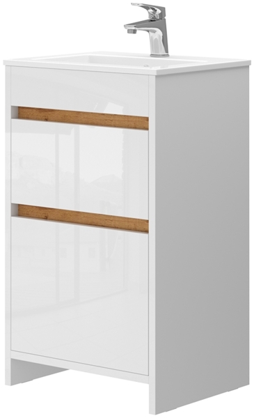 Waschbeckenunterschrank Detmold Weiß Hochglanz/Goldkraft Eiche 2 Teile, mit Waschbecken und 2 Schubladen Vicco