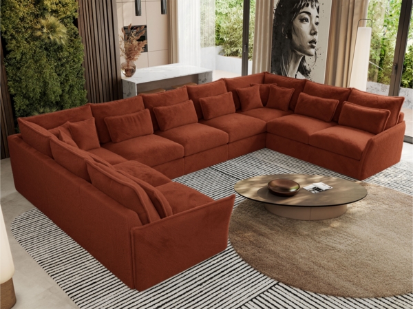 XXL U-förmige Ecksofa, modulares Ecksofa mit losen Kissen, Wohnlandschaft, universelles Ecksofa für das Wohnzimmer - VERSO U 9M - Orange Plüschstoff
