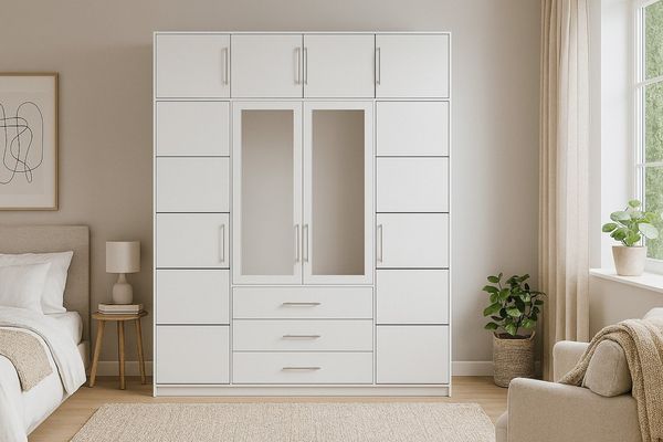 Deine Möbel 24 Kleiderschrank LABOO Drehtürenschrank 150 200 240 cm in Weiss mit Spiegel (geräumig, mit Stauraum, 4-St, 3-türig 4-türig Aufsatz Kleiderschrankaufsatz optional) aus Laminatplatte Spiegeltüren Einlegeböden Kleiderstange Schubladen
