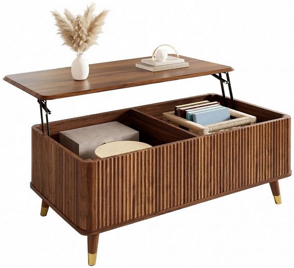 Merax Couchtisch höhenverstellbar Sofatisch Retro Walnuss Beistelltisch (1-St), Wohnzimmertisch mit Stauraum und Holzbeinen, 97 x 52 x 56,5 cm