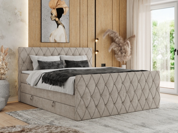 Boxspringbett, Doppelbett mit Fußteil, Multipocket-Matratzen und Topper, gestepptes Kopfteil und Front - MIREN KING DUO - 200 x 200 cm - Beige Struktur - H4