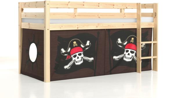 Vipack 'Pino' Halbhochbett 90x200 cm, natur, Kiefer massiv, mit Textilset 'Caribian Pirate'