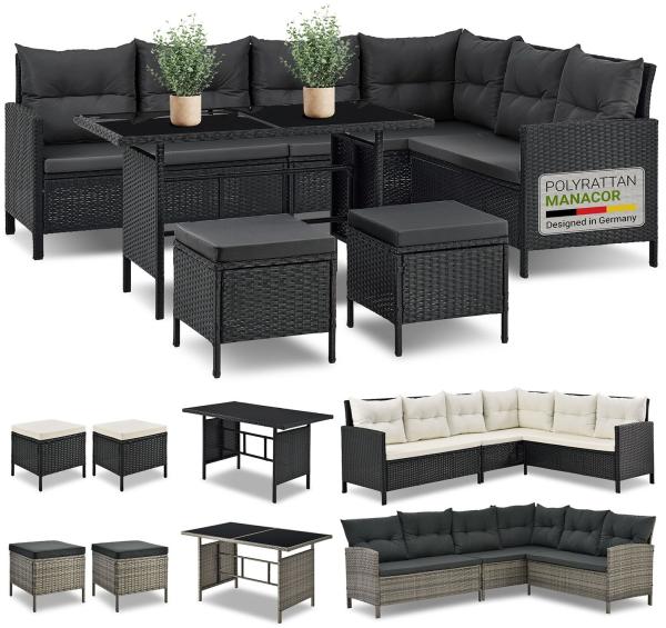 Juskys 'Manacor' Gartenlounge mit Sofa, Tisch, 2 Hocker & Kissen, bis 7 Personen, Polyrattan, schwarz/grau, 80 x 228 x 178 cm