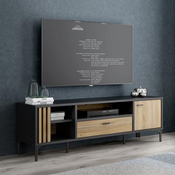 Forte JOAKIMIS TV-Schrank 160, Skandi-Stil Lowboard mit Schublade, Tür, offenen Fächern, Lamellendetail, Holzwerkstoff, Mauvella Eiche Holzdekor/Schwarz, 159,5 cm breit x 51 cm hoch x 41,5 cm tief