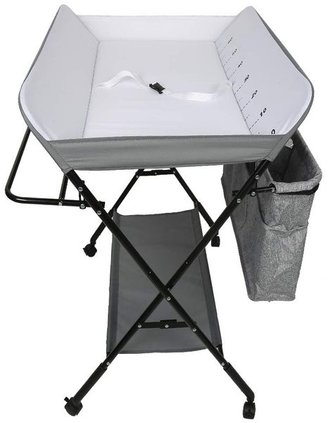 Wickeltisch, faltbar und tragbar, Wickeltisch, klappbar, Babyzimmer, höhenverstellbar, Wickeltisch und Badewanne 2-in-1 für Babys, ab der Geburt bis 12 Monate, Grau / Weiß