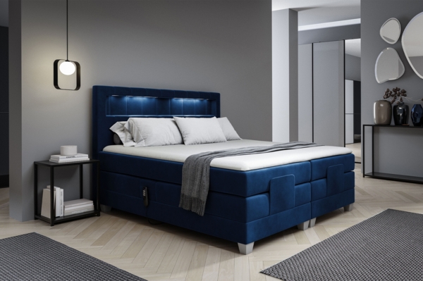 MEBLINI Boxspringbett Elektrisch ASPERO 140x200 cm mit Bettkasten und LED – H3/Blau Samt Polsterbett - Doppelbett mit Toppers & Taschenfederkern-Matratzen